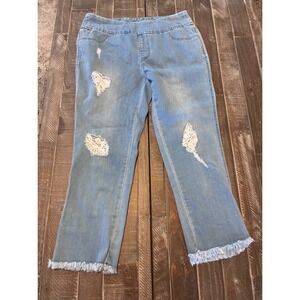 Slim-Sation‎ Denim Capri Pants Size 10 Blue Distressed Frayed Hem Lace